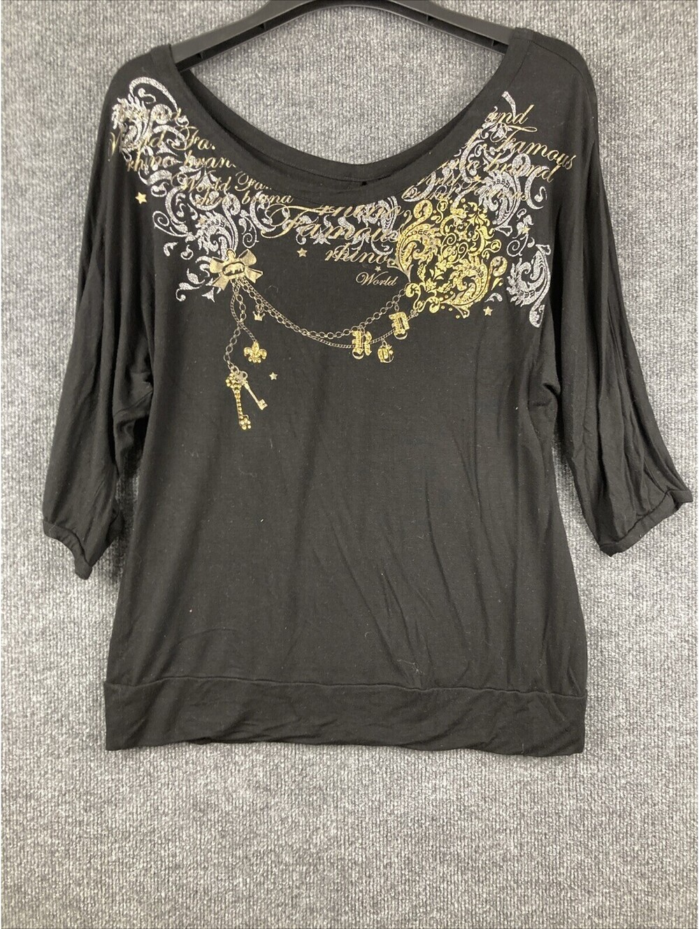 Echo Womens Size XL 3/4 Sleeve Scoop Neck Gold Rhinestone Sequin Black Shirt Top